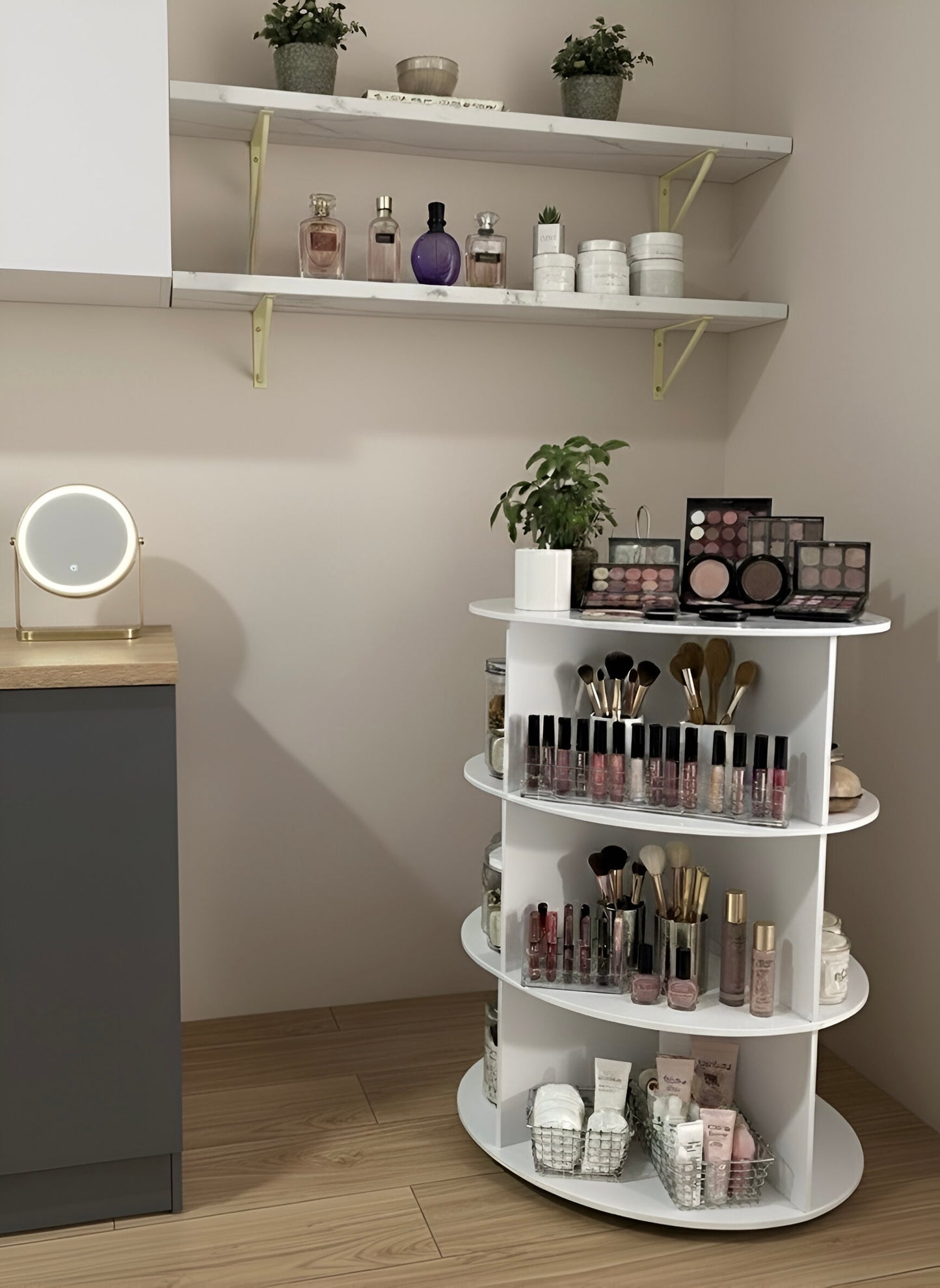 360 Derece Döner Köşe Standı | Çok Katlı Çanta, Ayakkabı, Saat ve Kozmetik Organizeri (70cm)