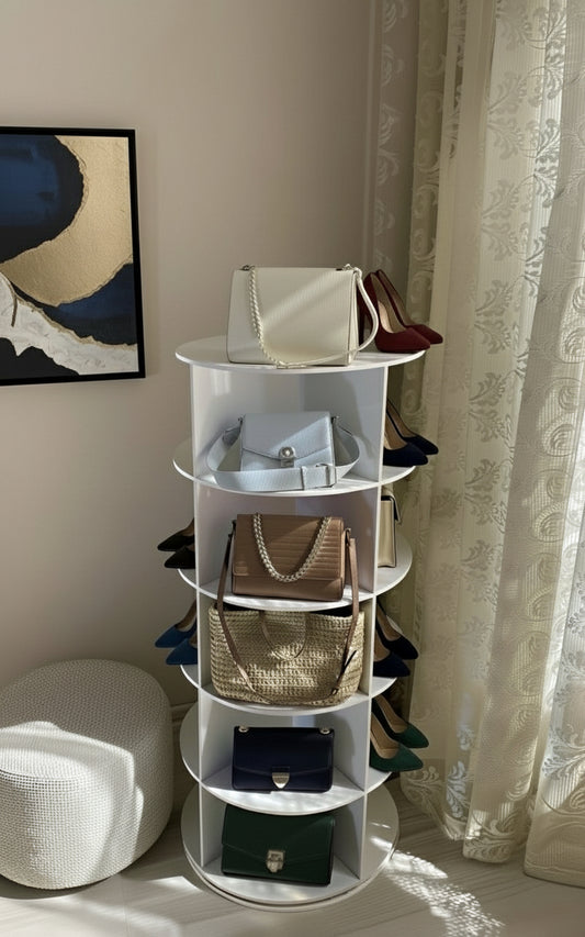 360 Derece Döner Köşe Standı | Çok Katlı Çanta, Ayakkabı, Saat ve Kozmetik Organizeri (115cm)